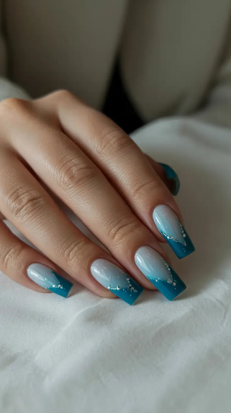 pretty spring nail colors 2026 Ocean Ombre with Rhinestone Detail