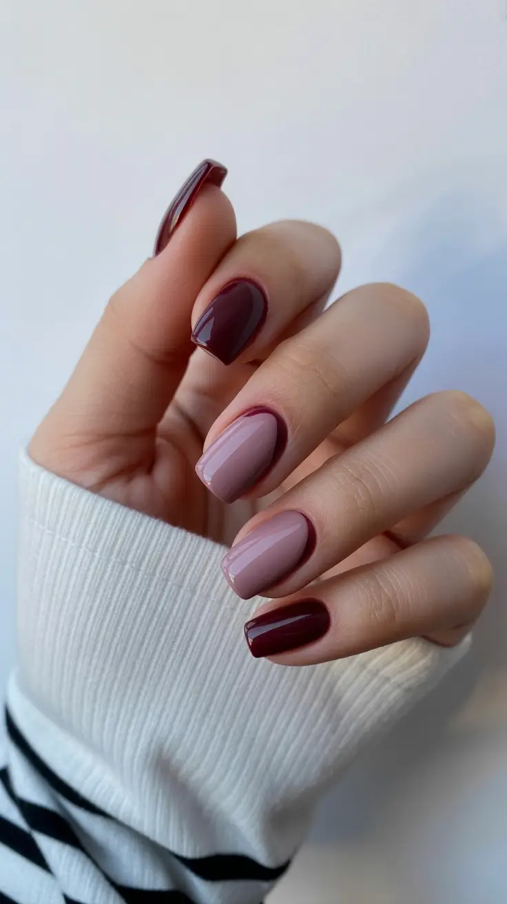 pretty spring nail colors 2026 Muted Mauve and Deep Wine Contrast