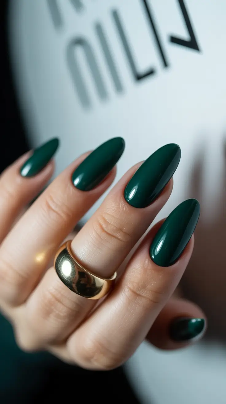 pretty spring nail colors 2026 Deep Forest Green in a Sleek Almond Silhouette
