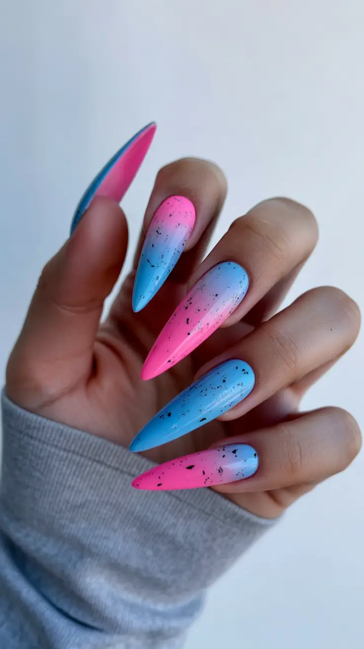 pretty spring nail colors 2026 Pink and Blue Ombre Stiletto Drama