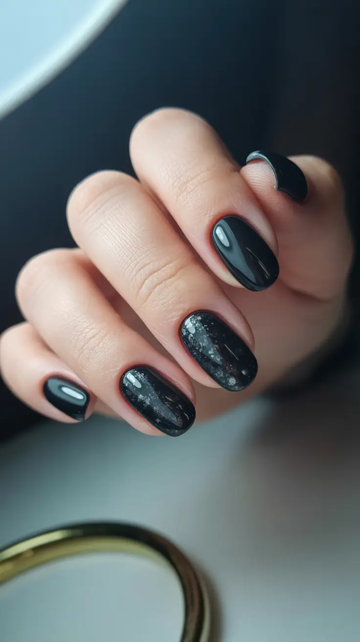 pretty spring nail colors 2026 Midnight Gloss with Subtle Speckled Texture