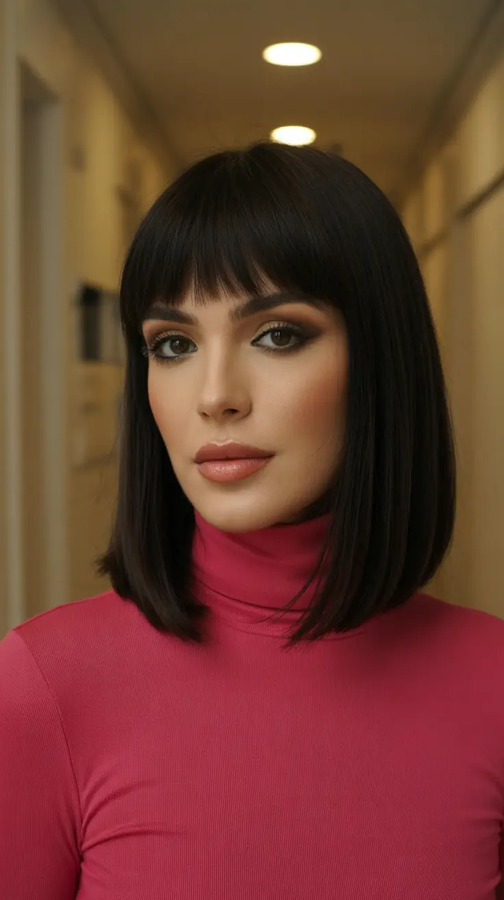 quick spring hair trends 2026 Structured Dark Bob with Soft Bangs