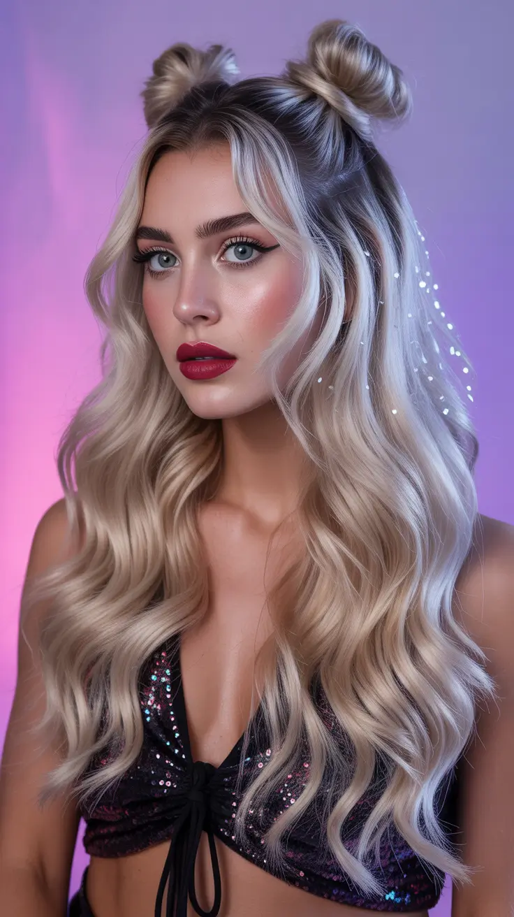 quick spring hair trends 2026 Voluminous Blonde Waves with Space Buns