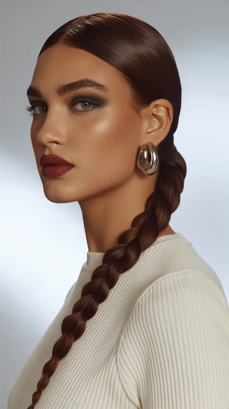 quick spring hair trends 2026 Long Brown Braid with Glossy Finish