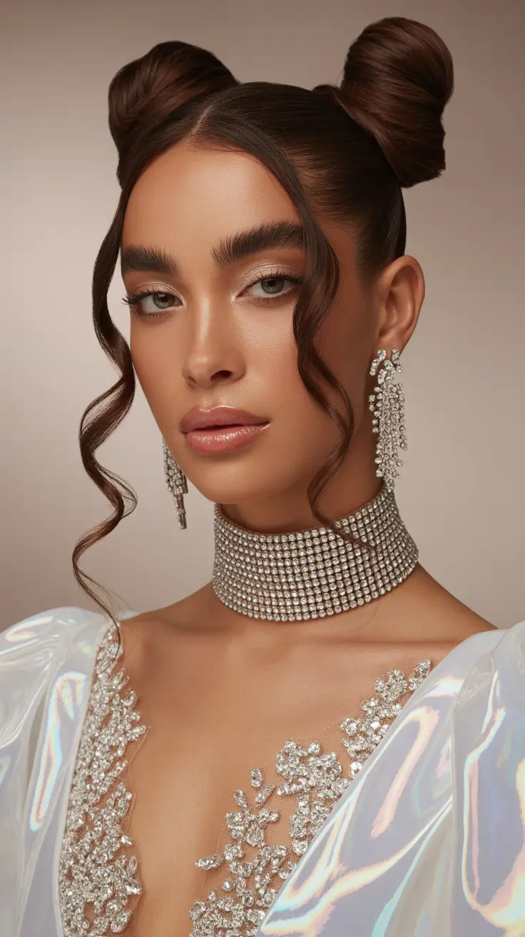 quick spring hair trends 2026 Glossy Brunette Space Buns with Sculpted Curls