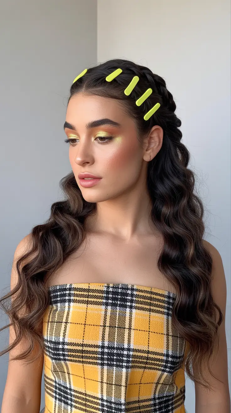 quick spring hair trends 2026 Wavy Brown Lengths with Braided Crown and Clips