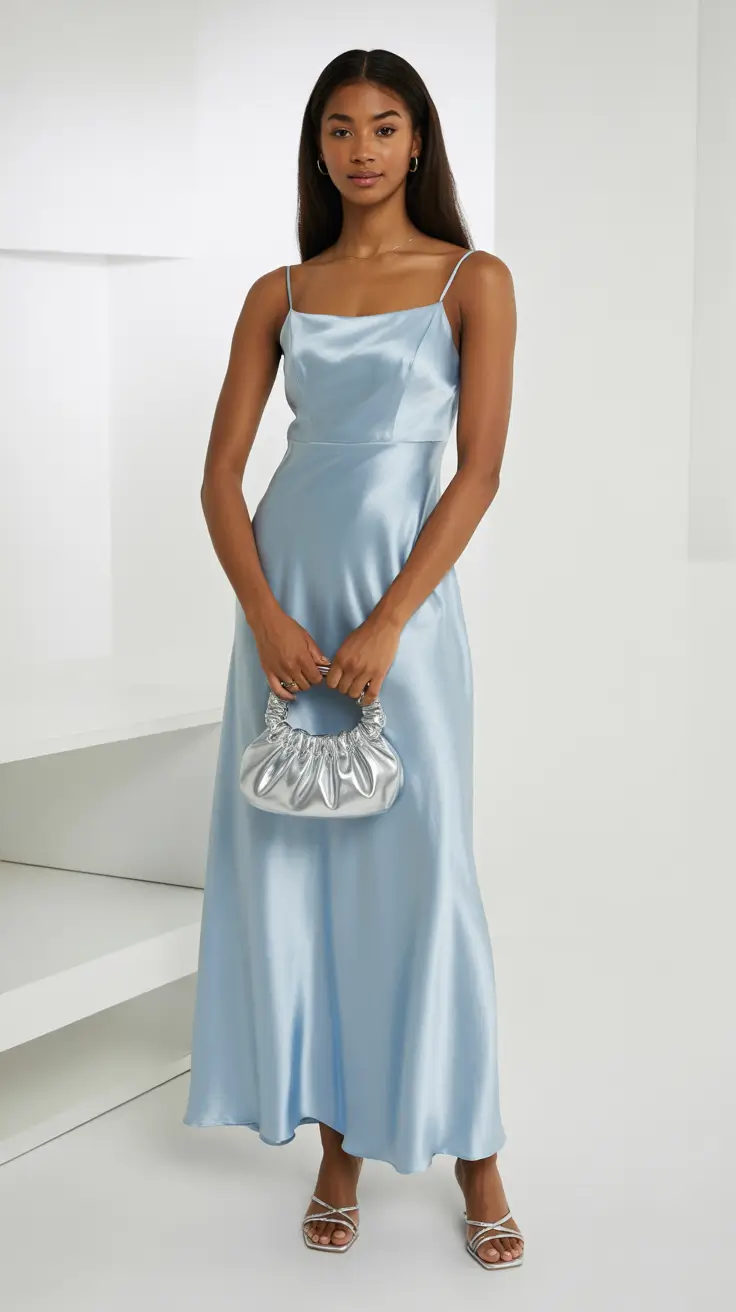 satin spring dress outfits 2026 Ice-Blue Satin Elegance for Modern Minimalism