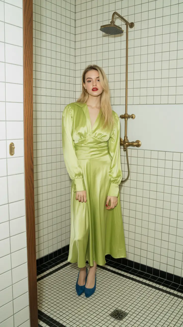 satin spring dress outfits 2026 Lime Satin Volume for Playful Spring Drama