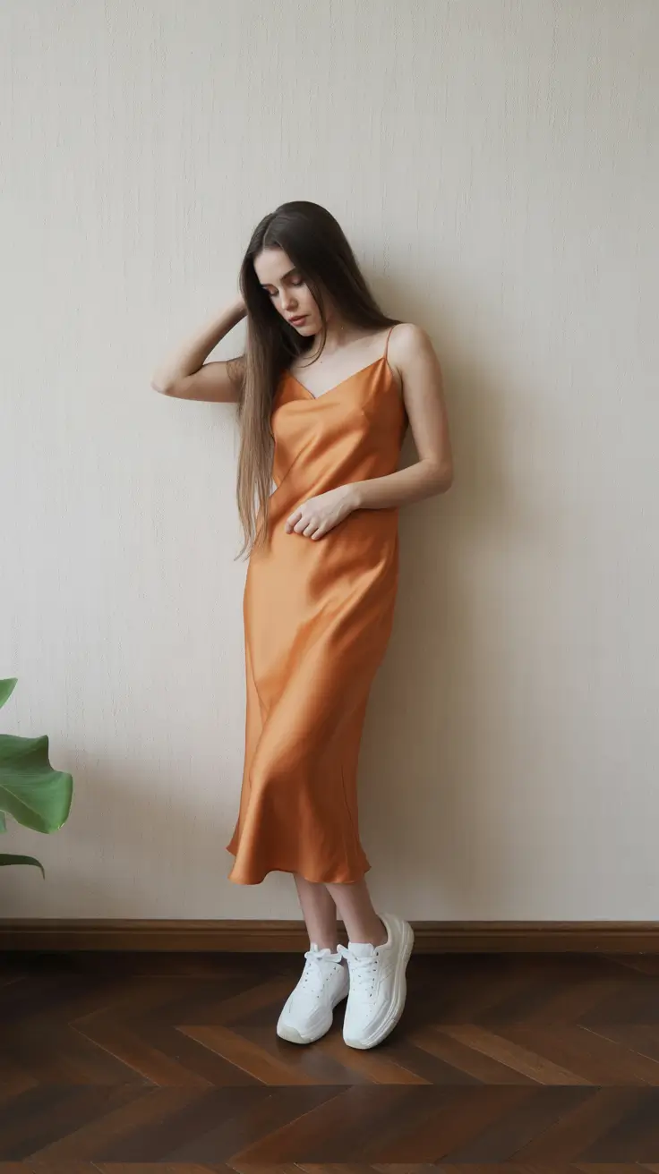 satin spring dress outfits 2026 Sunset Orange with a Sporty Twist