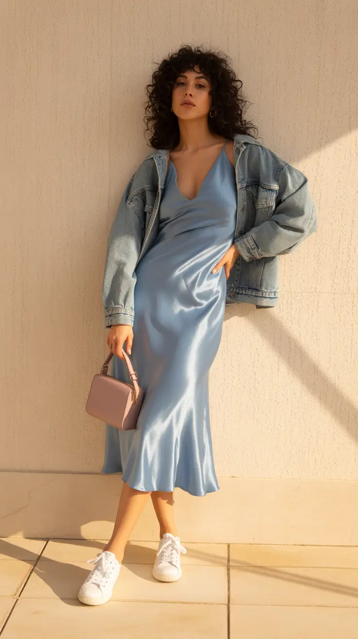 satin spring dress outfits 2026 Soft Blue Satin with Denim: The Everyday Cool Girl Look