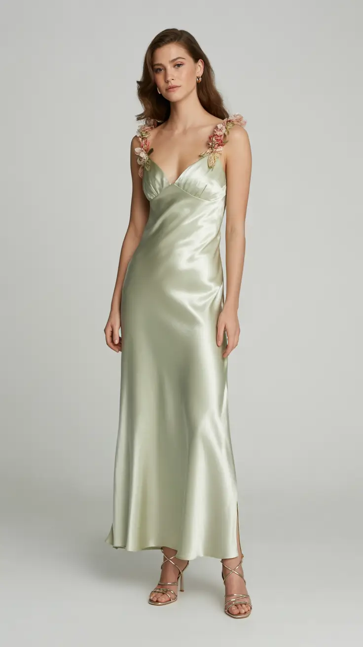 satin spring dress outfits 2026 Floral-Trimmed Pistachio Satin for Romantic Spring Days