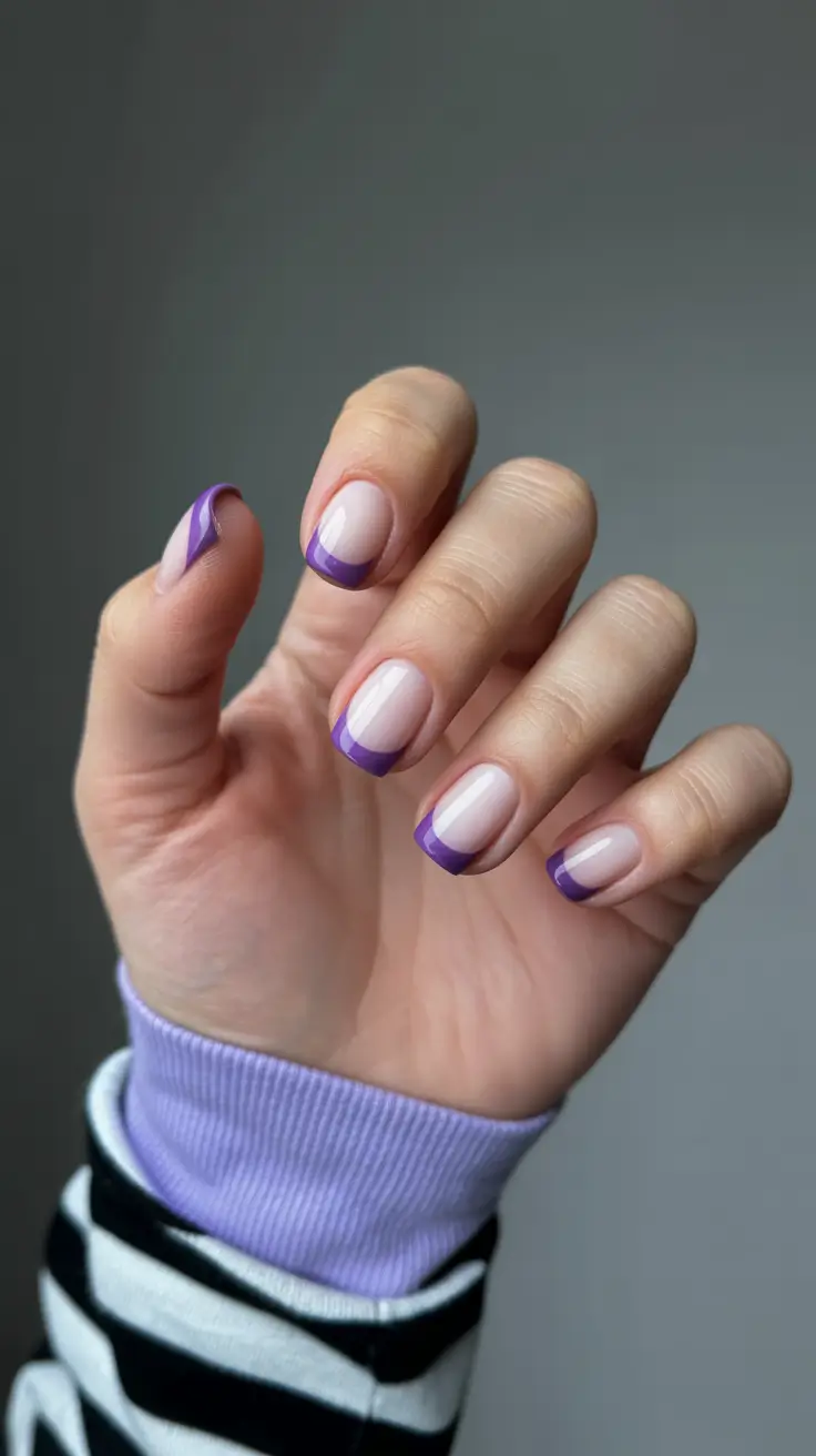simple classy spring nails 2026 Soft Nude Base with Purple French Edges