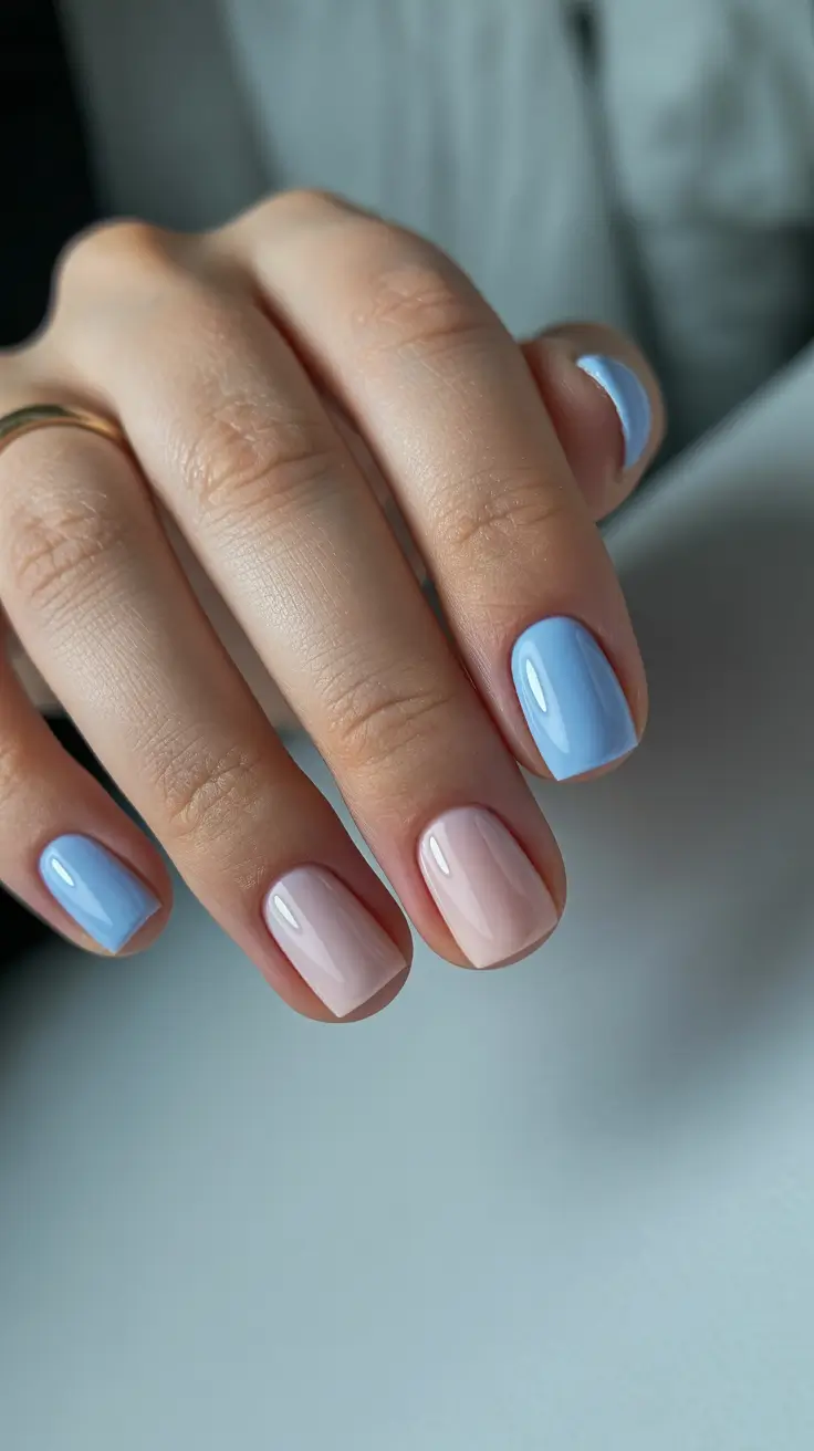 simple classy spring nails 2026 Baby Blue and Blush Short Square Contrast
