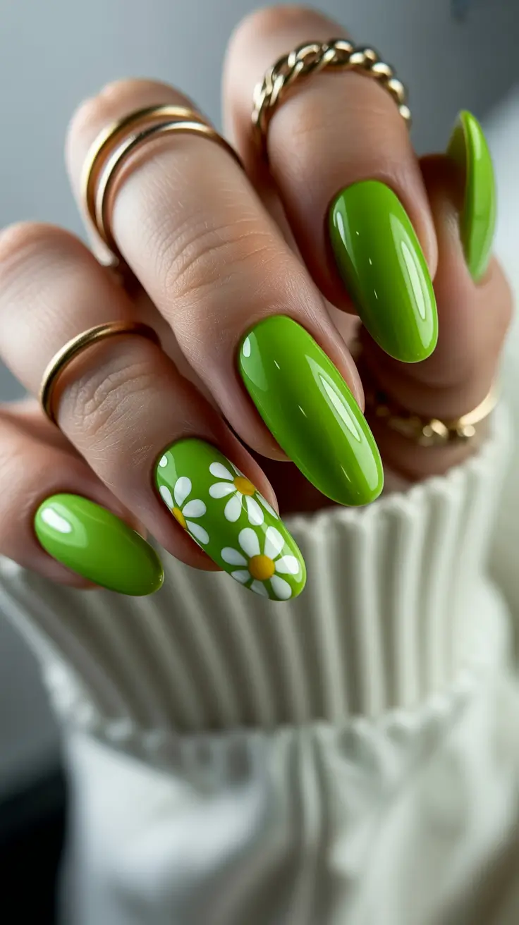 simple classy spring nails 2026 Vibrant Almond Green with Daisy Accents