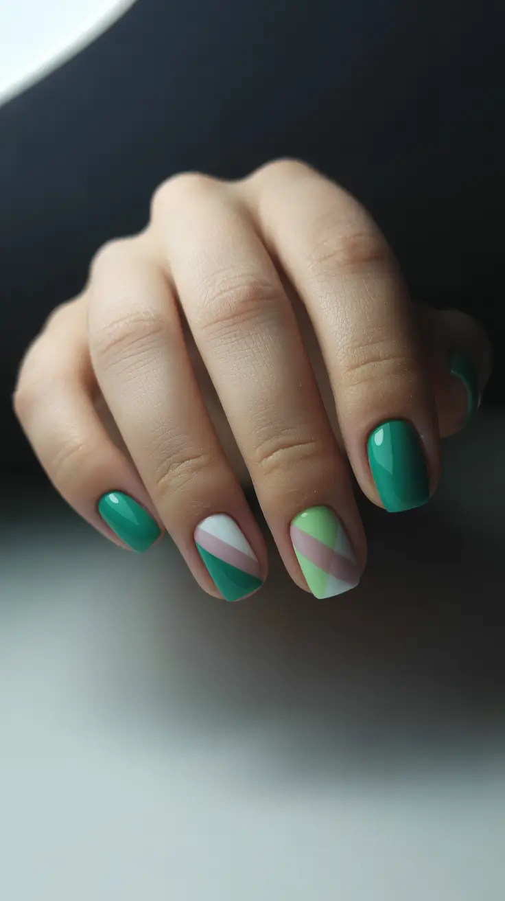 simple classy spring nails 2026 Short Square Green with Soft Geometric Accents