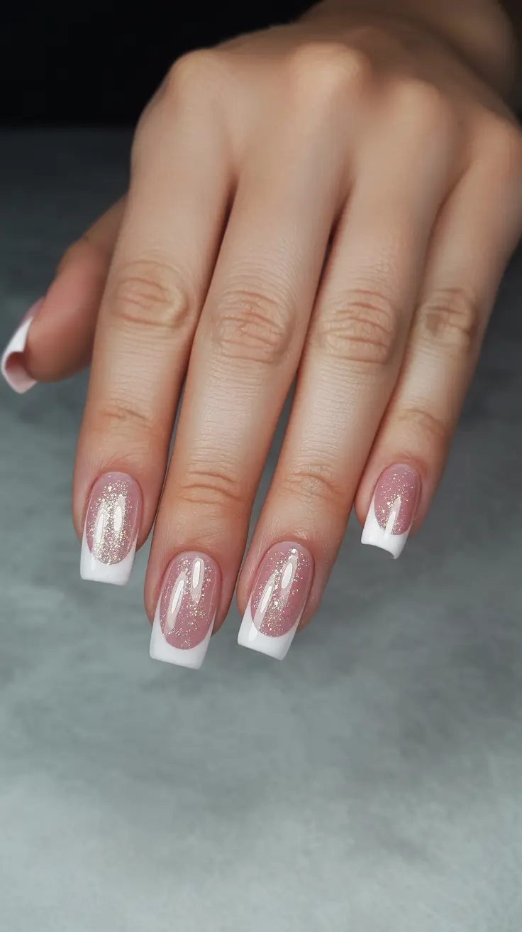 simple classy spring nails 2026 Soft Pink Glitter French on Modern Square