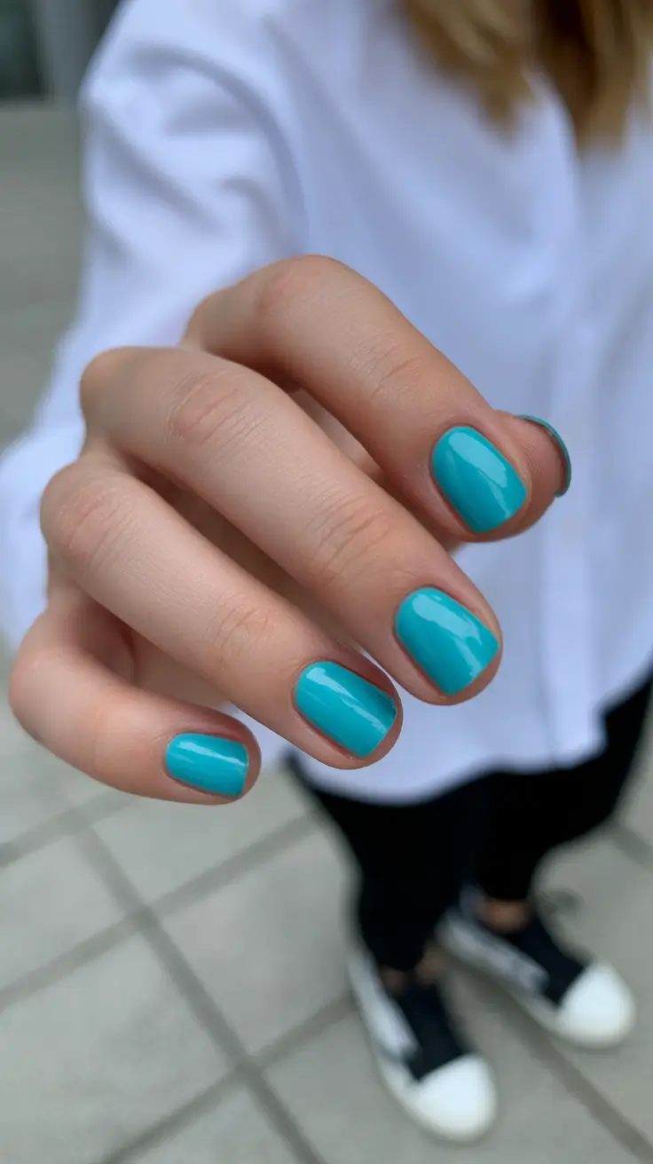 simple classy spring nails 2026 Fresh Turquoise on Short Natural Square