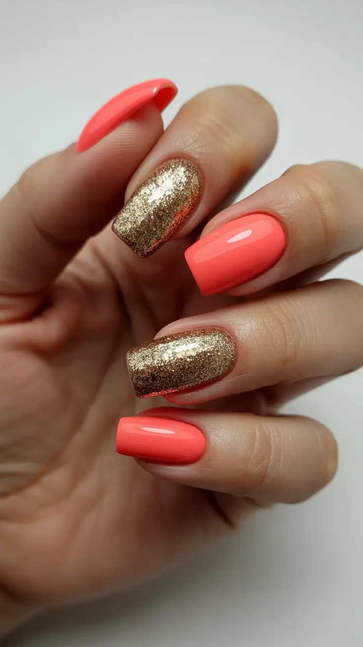 simple fun spring nails 2026 Coral Pop with Gold Glitter Accent Square