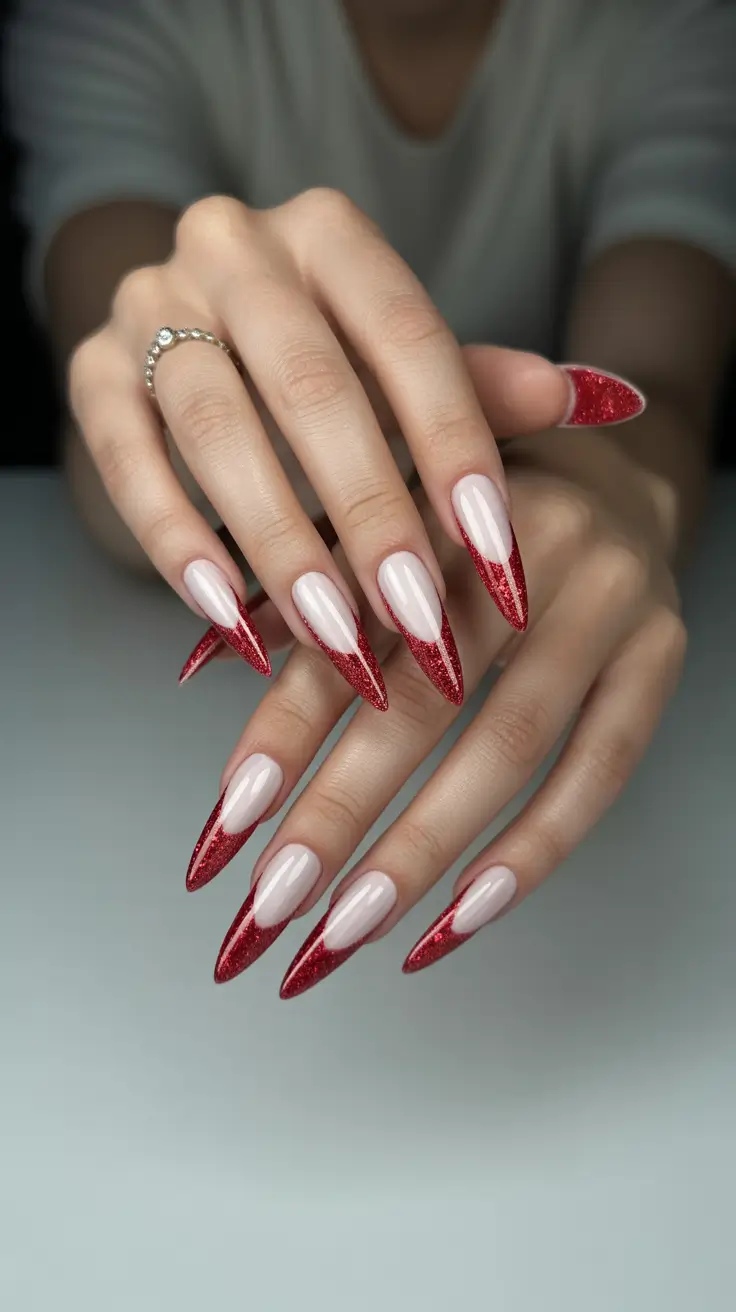 simple fun spring nails 2026 Red Glitter French on Sculpted Almond