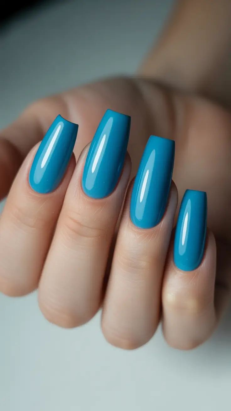 simple fun spring nails 2026 Glossy Teal Simplicity in Coffin Shape