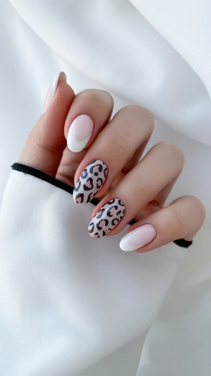 simple fun spring nails 2026 Soft White with Playful Leopard Art
