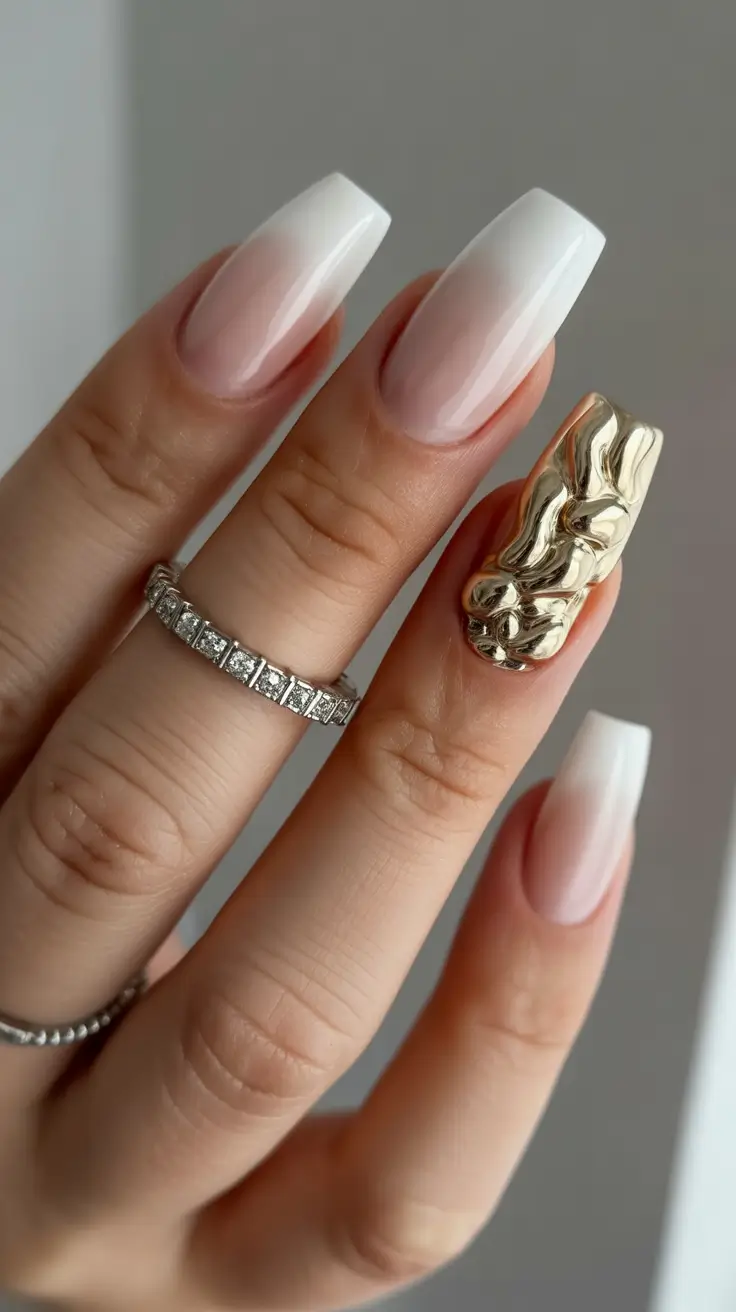 simple fun spring nails 2026 Milky Ombre Coffin with Sculpted Gold Accent