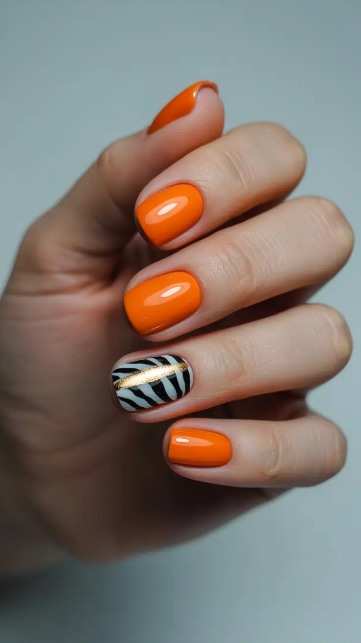 simple fun spring nails 2026 Bright Orange with Graphic Zebra Accent