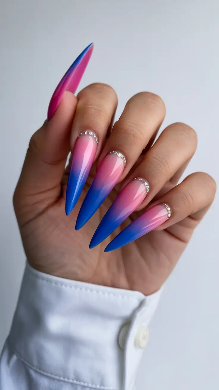 simple fun spring nails 2026 Pink to Blue Ombre Drama in Almond Shape