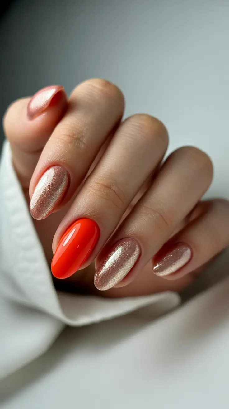 simple fun spring nails 2026 Coral and Champagne Glow Short Almond