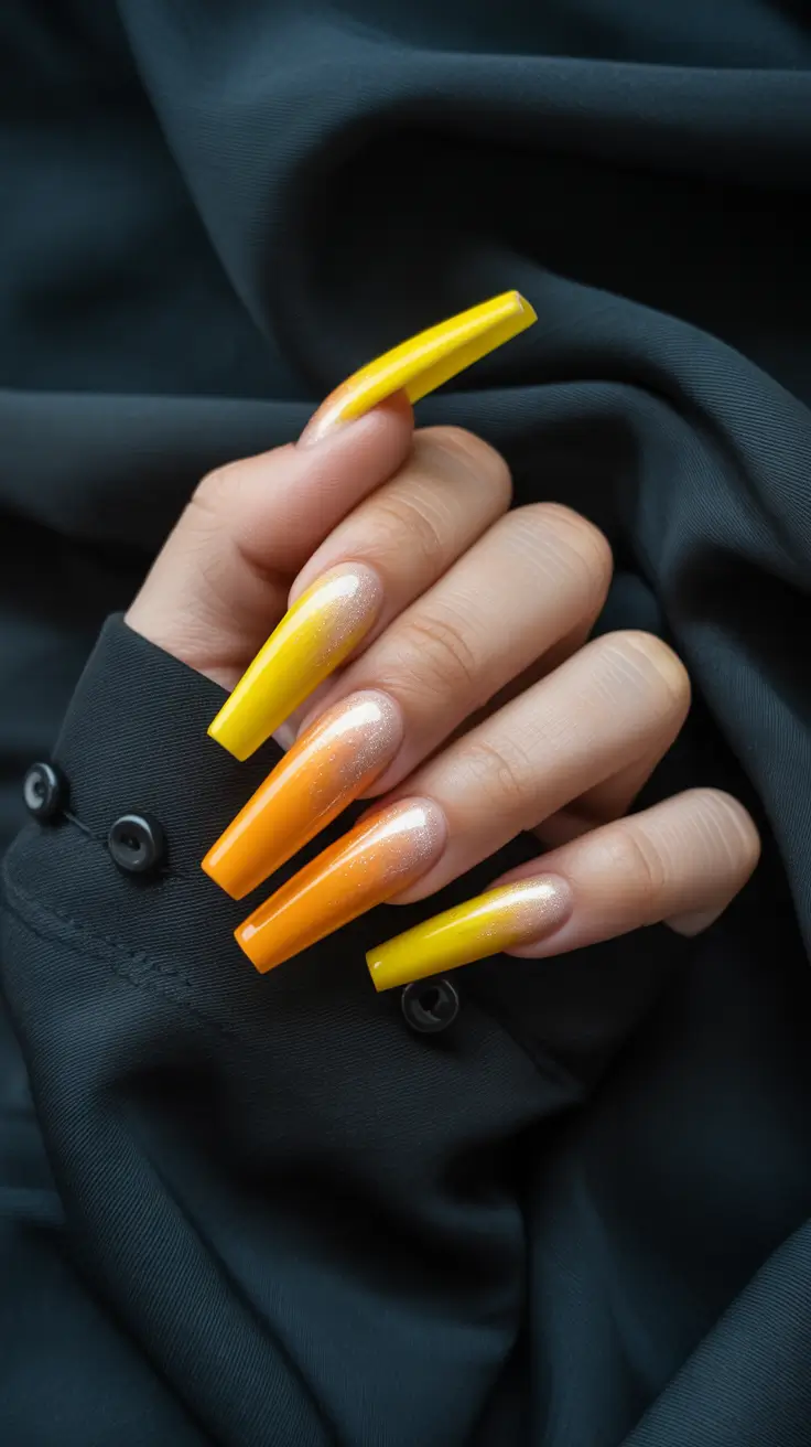 simple fun spring nails 2026 Sunset Yellow to Orange Coffin Glow