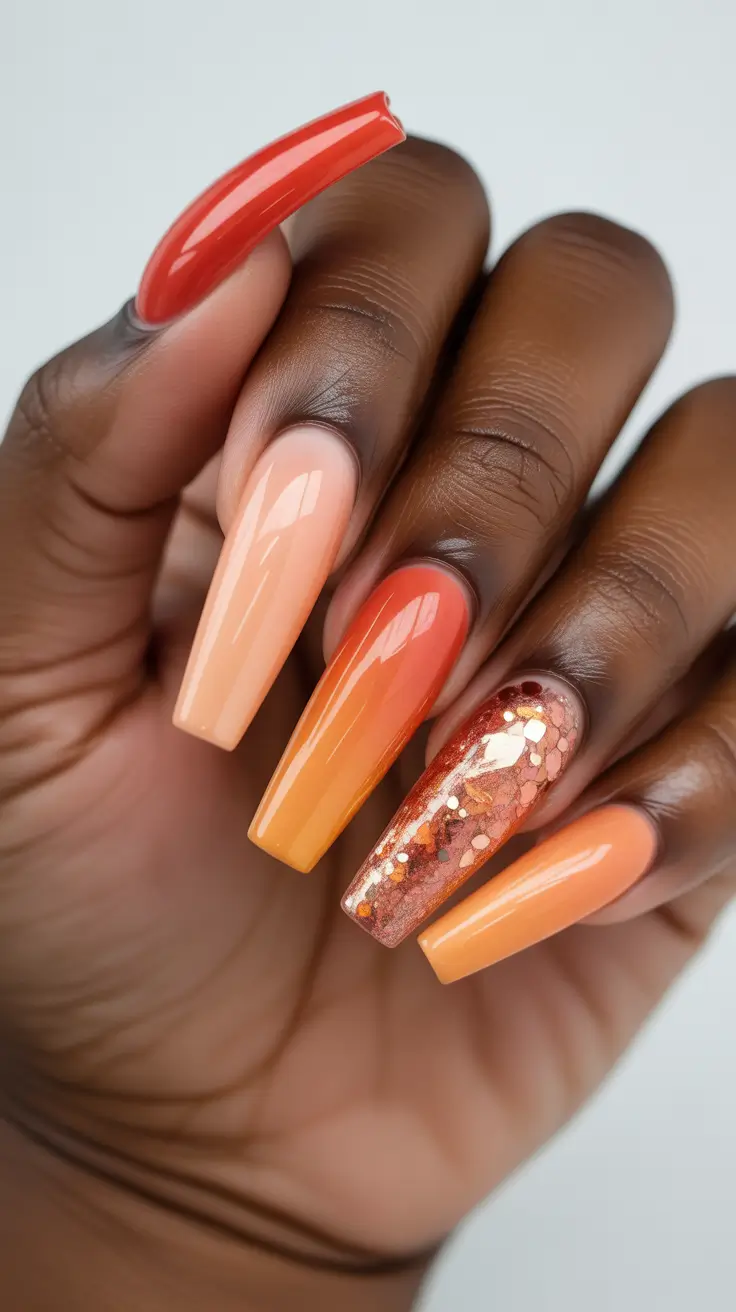 simple fun spring nails 2026 Peach Glow with Glitter Accent Coffin