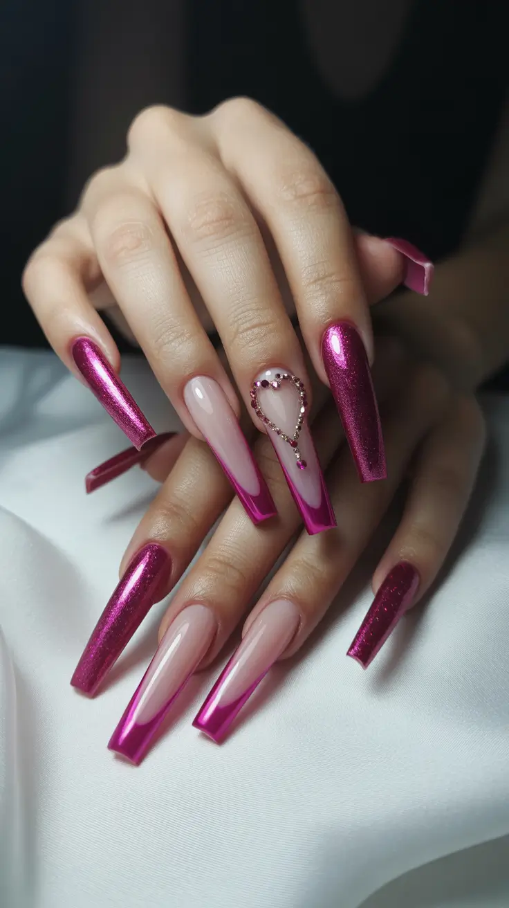 simple fun spring nails 2026 Metallic Pink Drama with Crystal Heart Accent