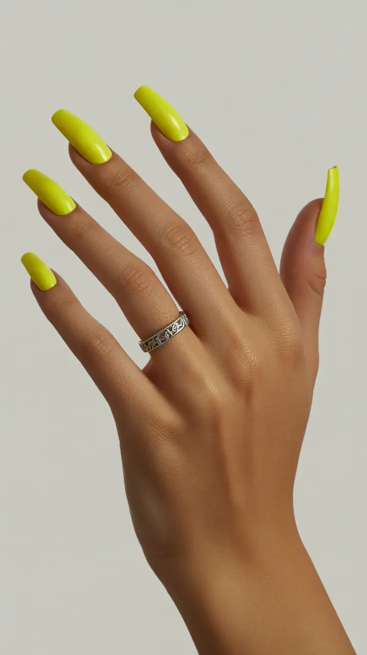 simple fun spring nails 2026 Neon Yellow Minimalist Coffin