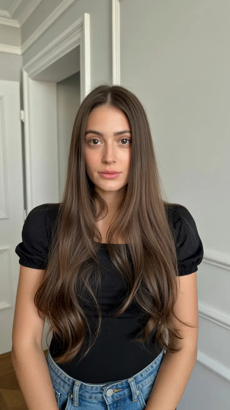 soft spring brown hair color 2026 Sleek Classic Straight Mocha