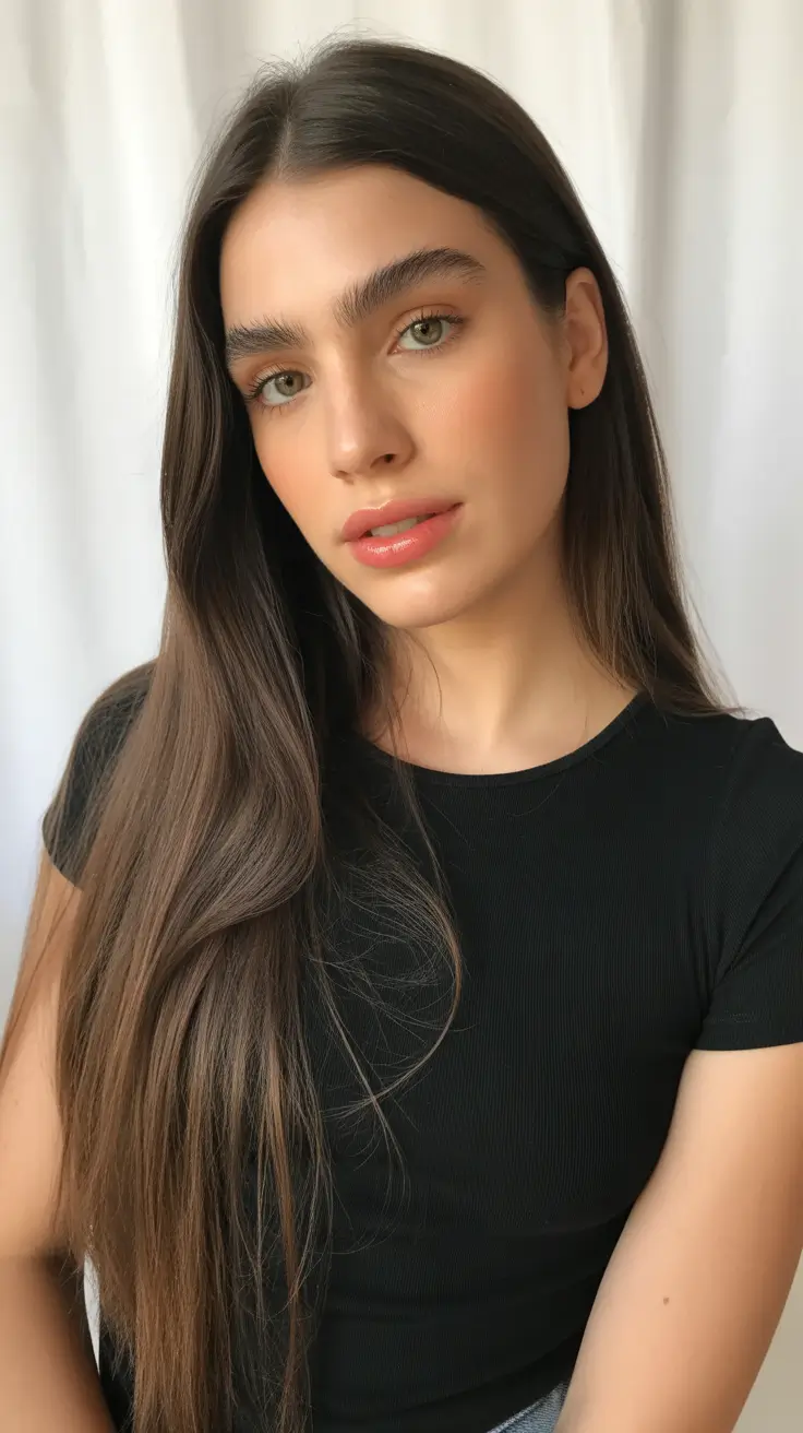 soft spring brown hair color 2026 Silken Natural Brunette with Feathered Ends