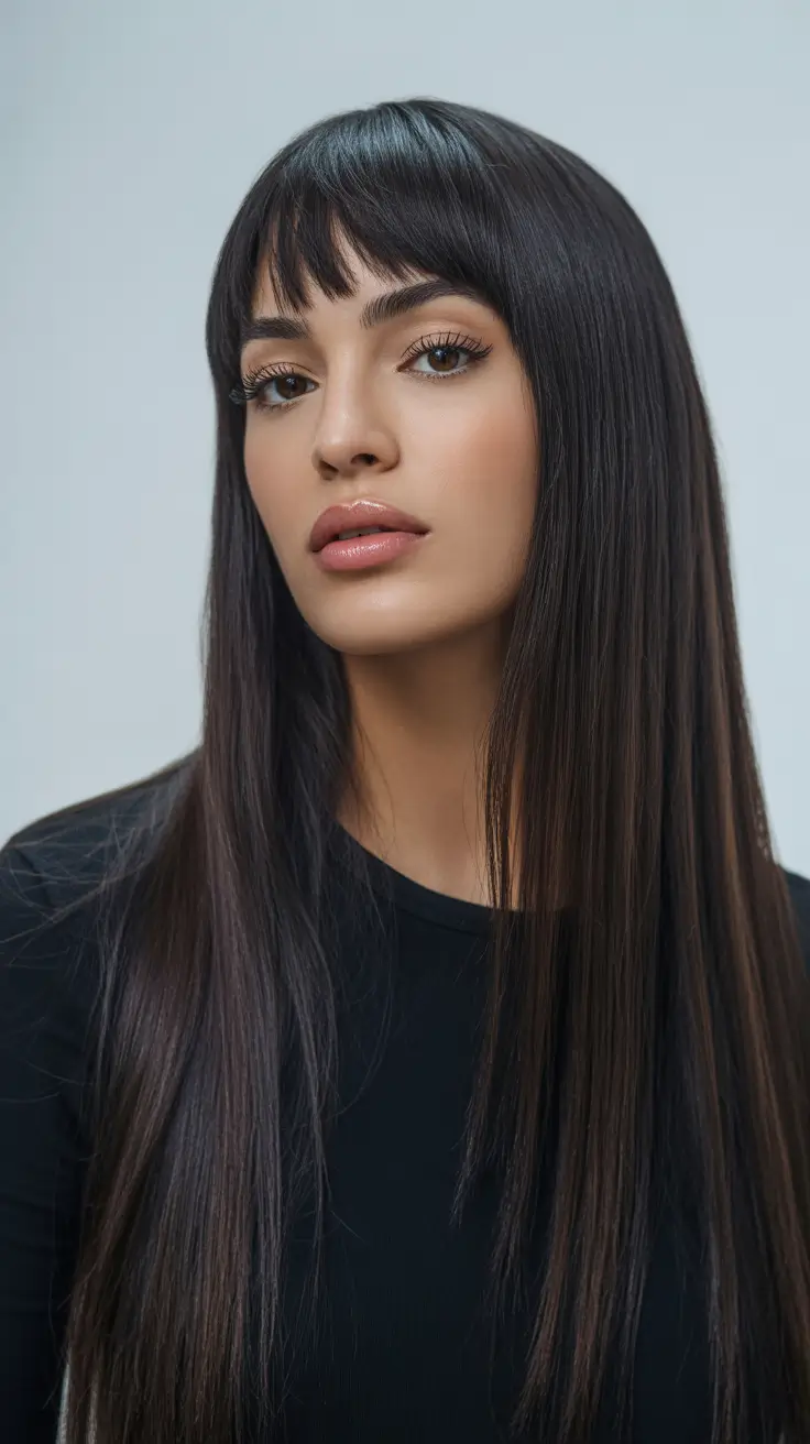 soft spring brown hair color 2026 Polished Chestnut with Modern Fringe