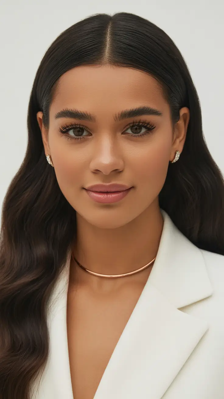 soft spring brunette hair color 2026 Long Glossy Brunette Waves With Classic Middle Part