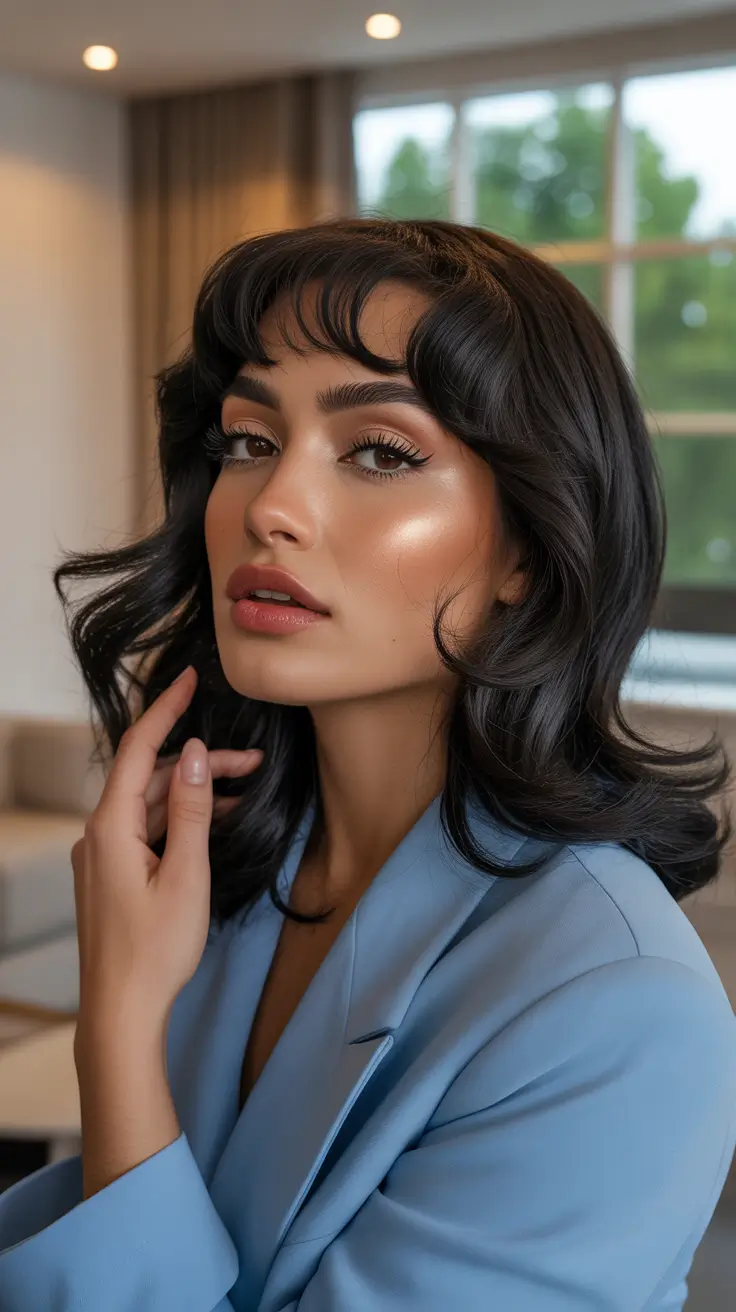 soft spring brunette hair color 2026 Voluminous Brunette Bob With Playful Spring Bangs