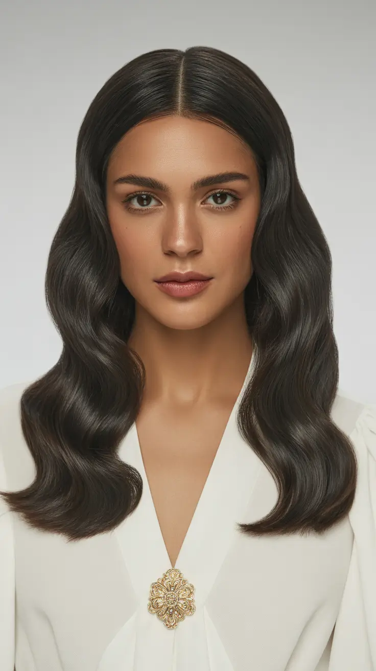 soft spring brunette hair color 2026 Deep Velvet Brunette Waves With Sculpted Spring Elegance