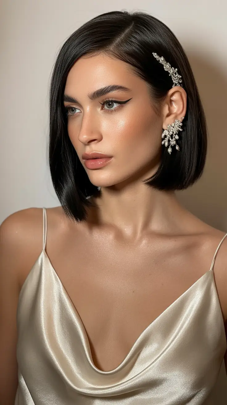 soft spring brunette hair color 2026 Elegant Side-Part Brunette Bob With Spring Softness