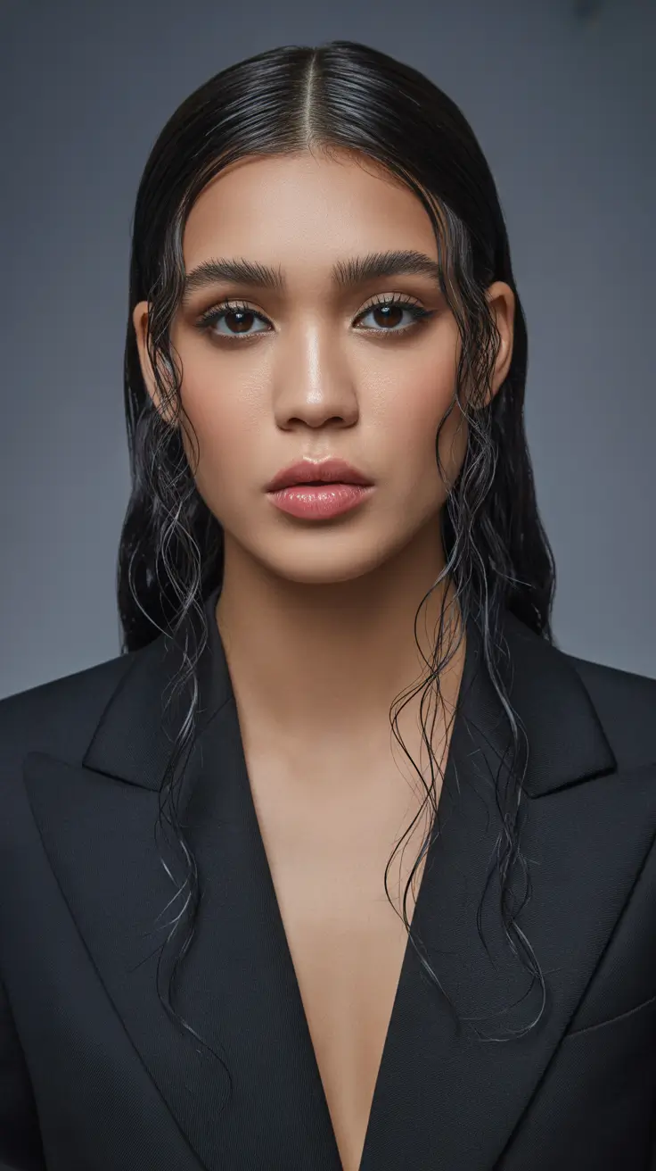 soft spring brunette hair color 2026 Wet-Texture Brunette With Sleek Contours