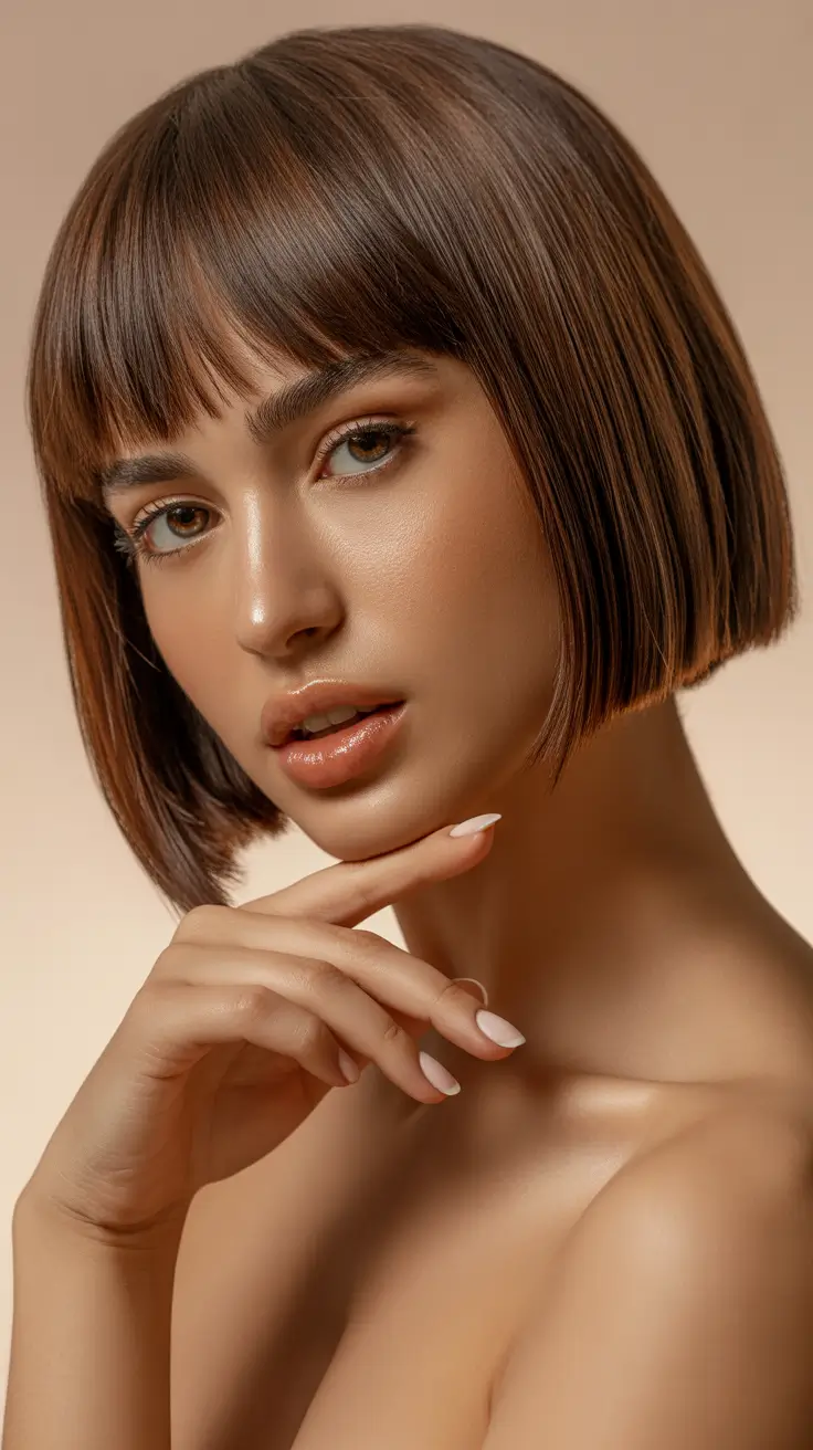 soft spring brunette hair color 2026 Short Brunette Bob With Soft Spring Bangs