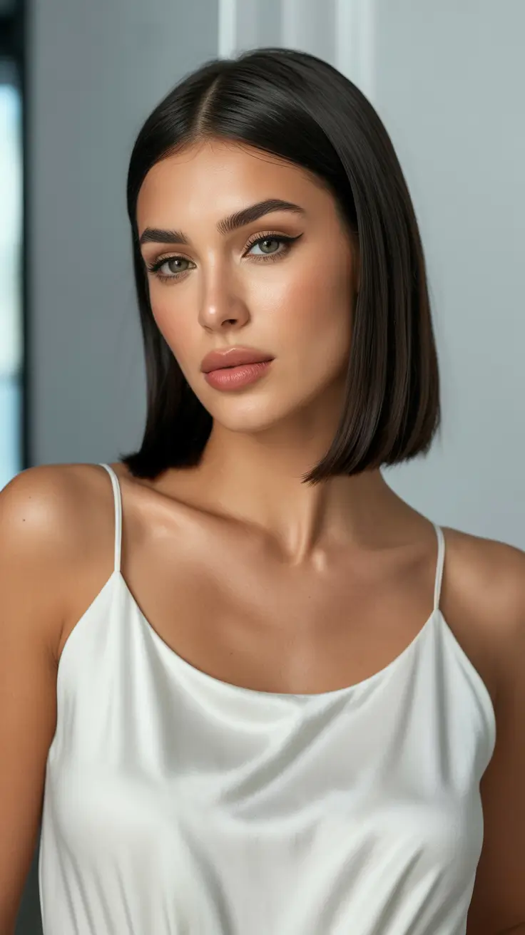 soft spring brunette hair color 2026 Classic Straight Brunette Bob With Cool Depth