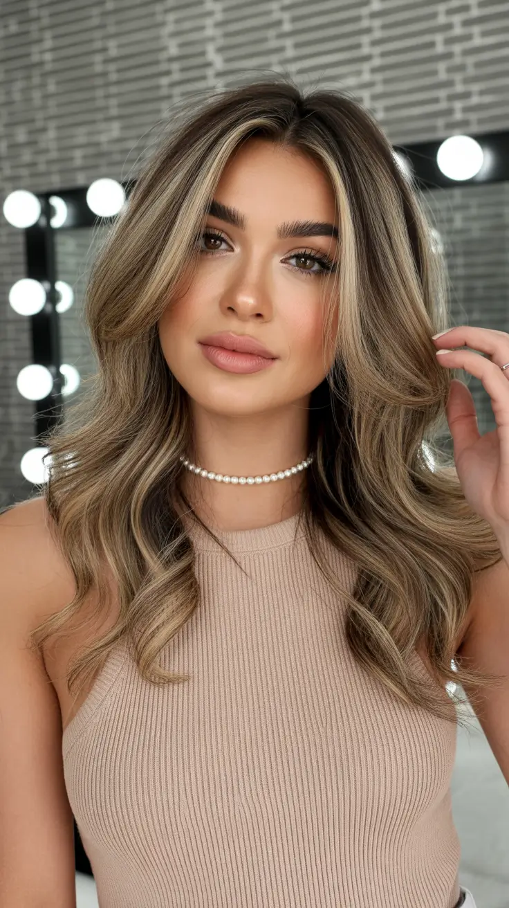soft spring hair color warm skin tone 2026 Milk Tea Brunette with Feathered Layers