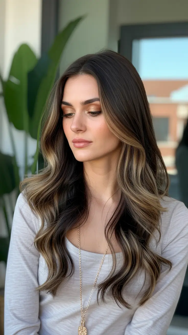 soft spring hair color warm skin tone 2026 Deep Cocoa Waves with Subtle Caramel Light