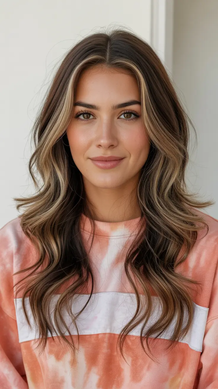 soft spring hair color warm skin tone 2026 Soft Contoured Brunette with Face-Framing Highlights