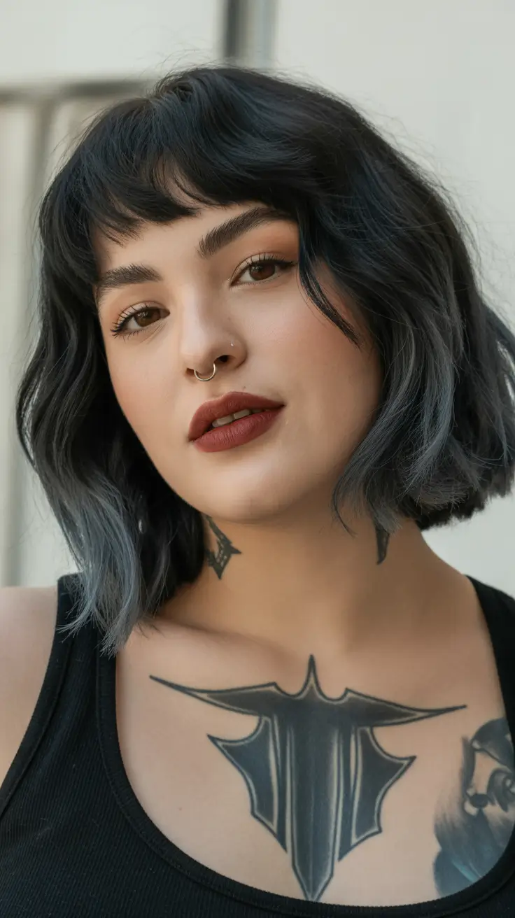 Soft Spring Haircuts for Plus Size Women 2026 Ink-Black Wavy Bob With Wispy Fringe
