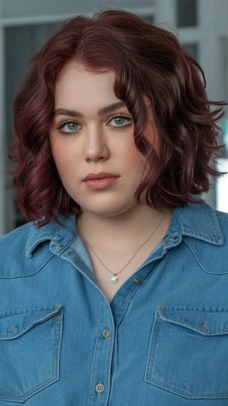 Soft Spring Haircuts for Plus Size Women 2026 Rich Burgundy Curly Bob With Sculpted Volume