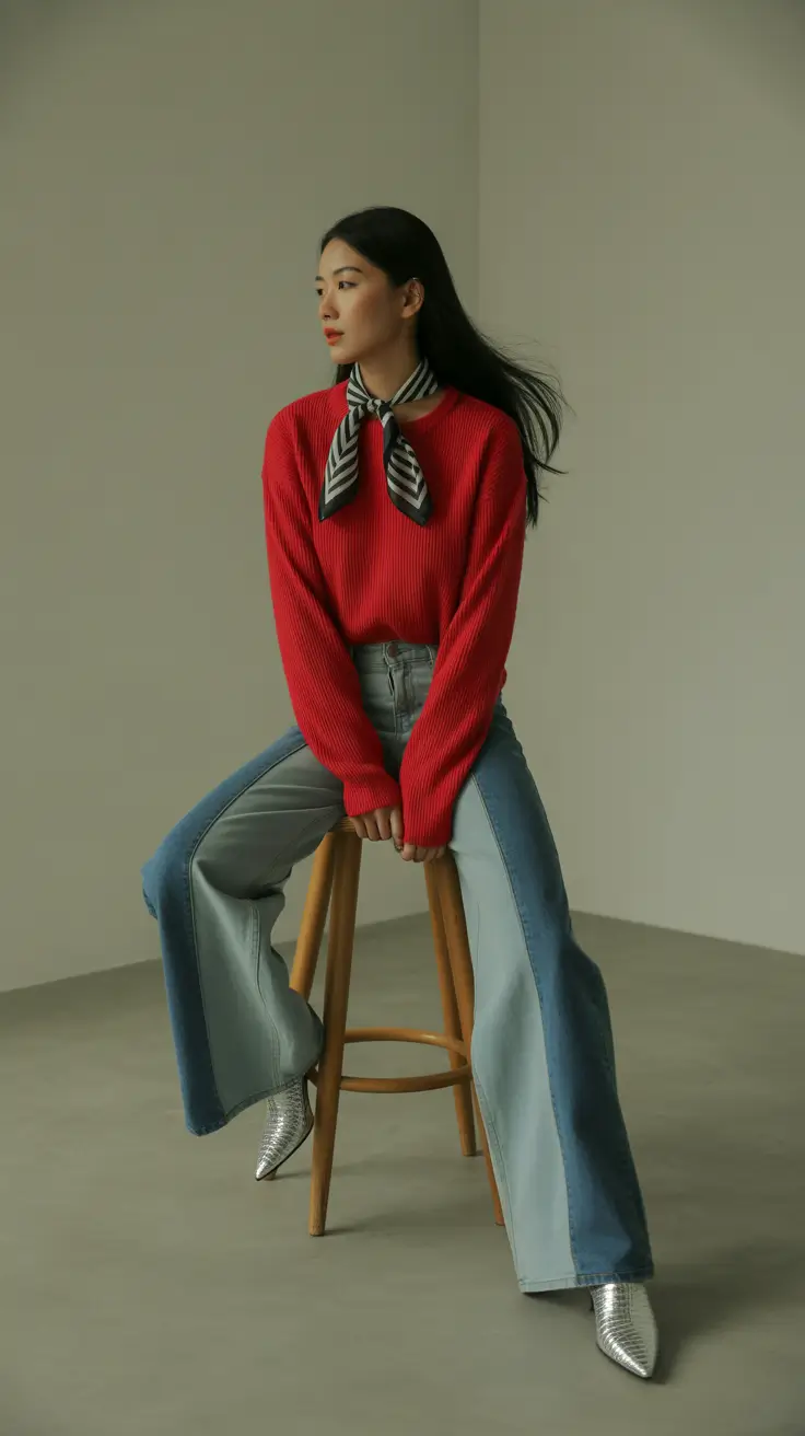 soft spring jeans outfit 2026 Warm Reds & Soft Denim Contrast