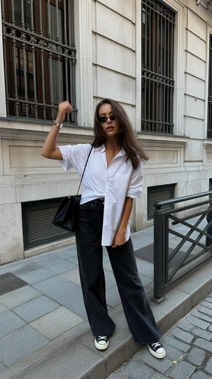 soft spring jeans outfit 2026 Classic White Shirt with Soft Dark Denim